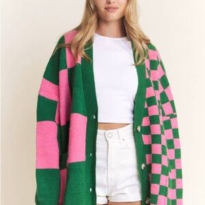 Green and Pink Checkered Women's Sweater
